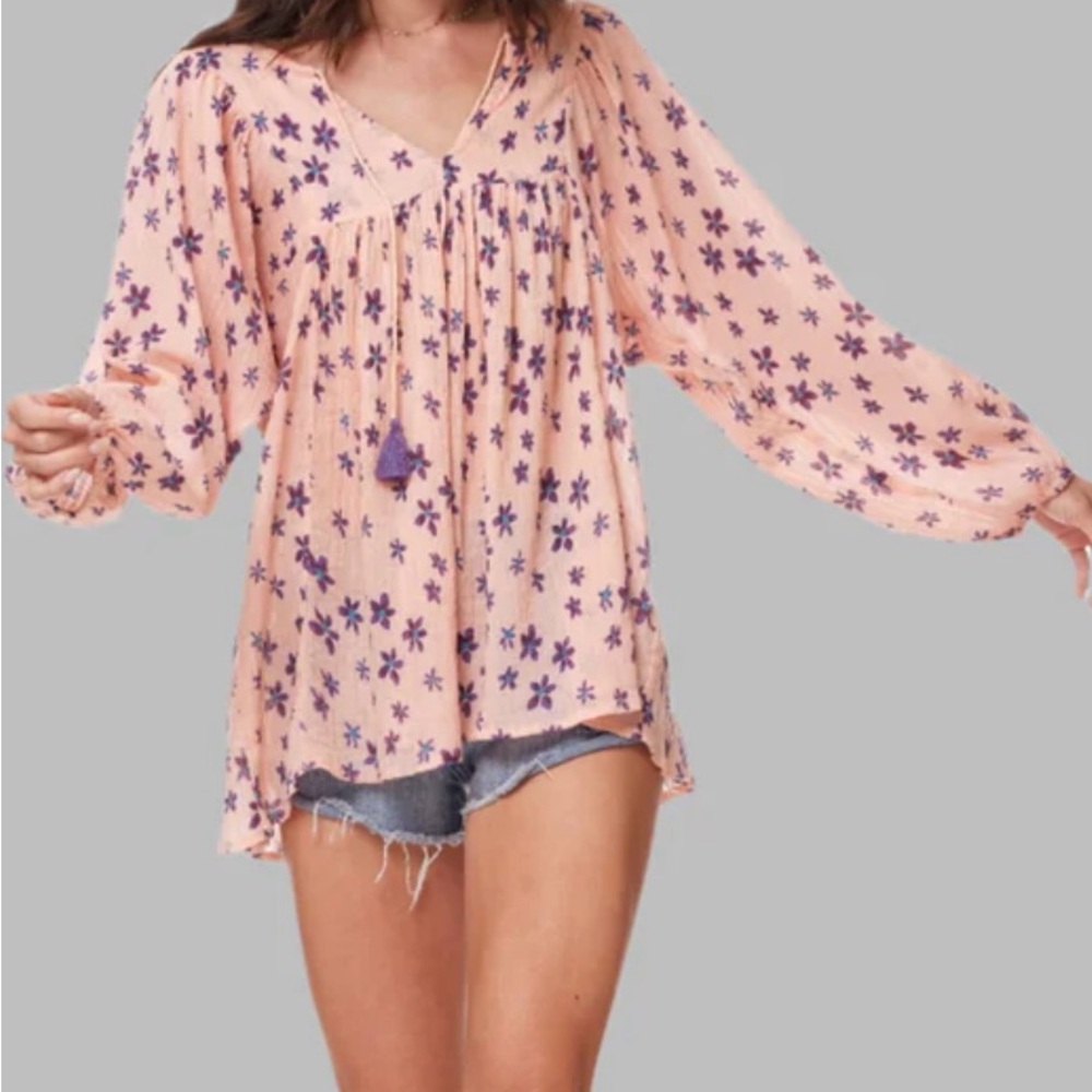 Peach cotton gauze bohemian blouse with purple flowers
